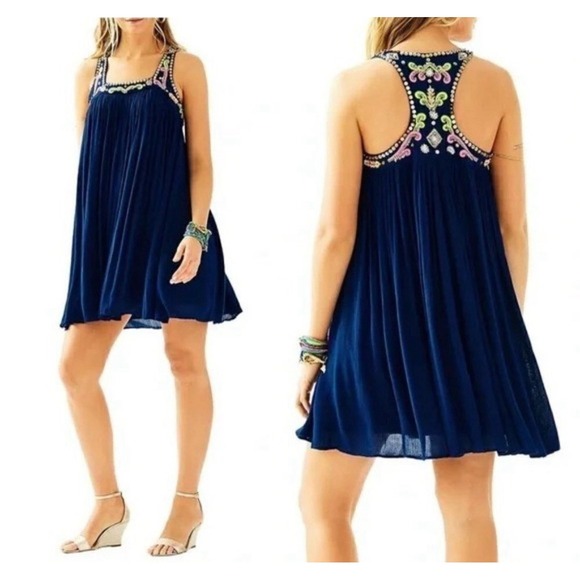 Lilly Pulitzer Women's Embellished Lorna Dress Trapeze Swing Mini Beaded Navy XS - Picture 2 of 8